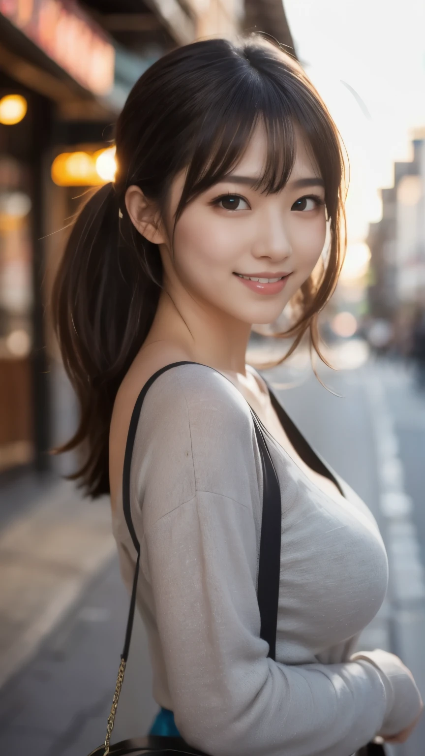 8k、Best Quality、 Ultra Wide Angle Monofocal Lens  、(Representative works:1.2)、(Genuine)、(Genuine:1.37)、Ultra-high resolution、 1 college girl、Beautiful teeth alignment、smile、Well-formed fingers、ponytail、Walking around town、(Glamorous plain clothes  )、Big Breasts、Perfect body、 Perfect Fingers、Beautiful Skin、Professional Lighting、gravure、Face and skin details、Microparticles、RAW Photos