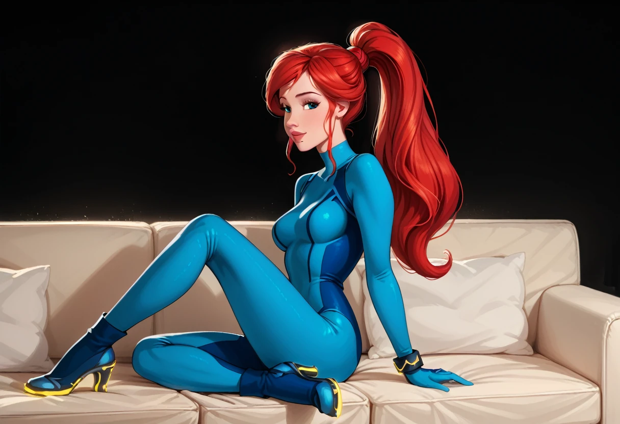 score_9, score_8_up, score_7_up, rating_questionable, epiCPhoto, 1girl, solo, very sexy (Disney's Ariel, ar_el, fair skin, red hair, ponytail, bangs:1.4), beautiful waifu, wearing (Samus Aran costume, blue bodysuit, zero suit, full bodysuit, full coverage, arms covered, shoulders covered, feet covered, ankles covered, bracelet, gloves, skin tight, heel boots:1.1), long legs, confident, flirt, gaze, sexy look, cute smile, head tilt, filled lips, thick lips, sitting on large sofa, model pose, modelling shoot, elegant, glamorous, (in the living room, beautiful modern apartment, city living:1.2), (Halloween theme:1.3), night, dark, dimly lit, expressiveh d4rk01l, perfect hands, perfect proportions.