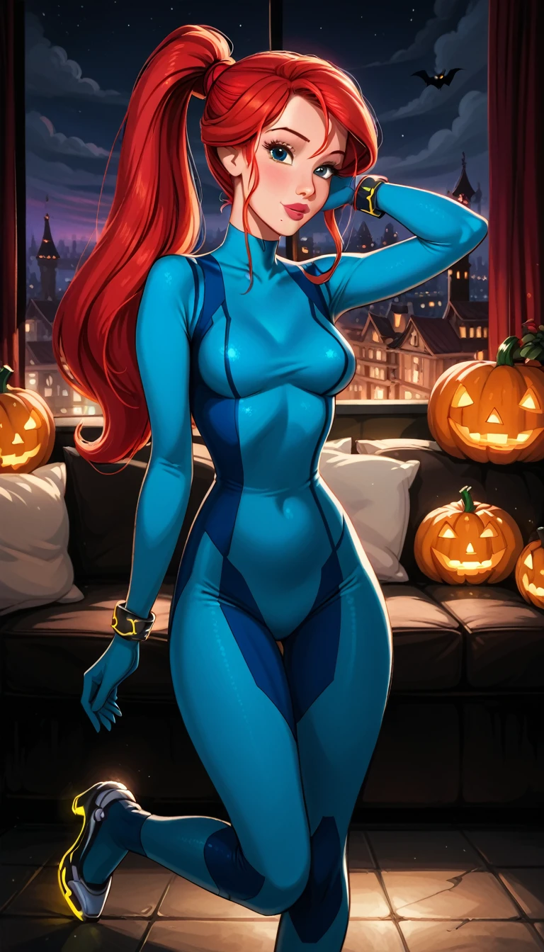 score_9, score_8_up, score_7_up, rating_questionable, epiCPhoto, 1girl, solo, very sexy (Disney's Ariel, ar_el, fair skin, red hair, ponytail, bangs:1.4), beautiful waifu, wearing (Samus Aran costume, blue bodysuit, zero suit, full bodysuit, full coverage, arms covered, shoulders covered, feet covered, ankles covered, bracelet, gloves, skin tight, heel boots:1.1), long legs, confident, flirt, gaze, sexy look, cute smile, head tilt, filled lips, thick lips, standing, feet apart, model pose, modelling shoot, elegant, glamorous, (in the living room, beautiful modern apartment, city living:1.2), (Halloween theme:1.3), night, dark, dimly lit, expressiveh d4rk01l, perfect hands, perfect proportions.