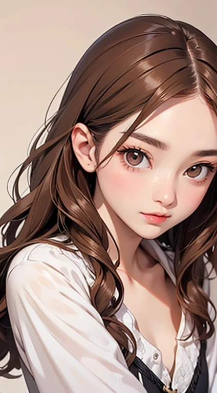 1 girl, Absurdres masterpiece pastel colours HDR high quality portrait of a beautiful girl with brown hair and anime eyes pale lips wearing casual outfit in a white background warm filter