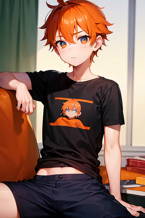 Orange hair, an orange tail, short hair, boy, flat chest, blue and white striped shirt, blue and white striped pants, black pupils, sick