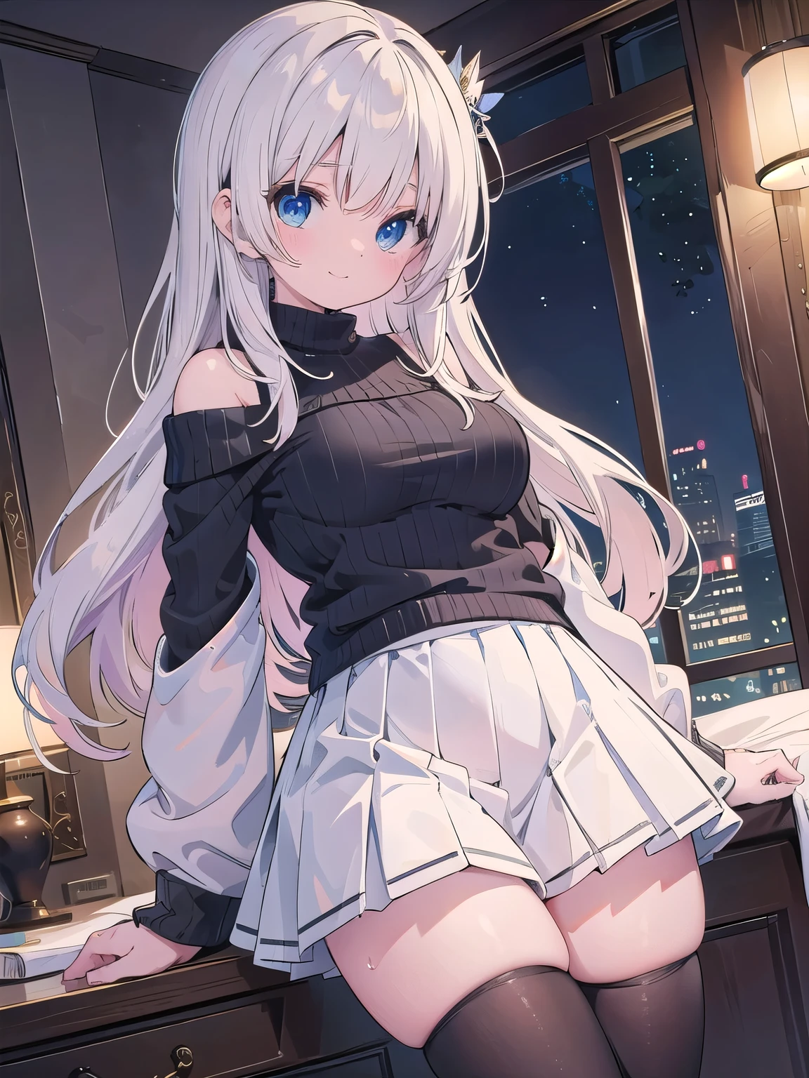 ((8K, Highest Quality, Masterpiece:1.3)), Ultra High Quality, (1 Girl, 1 Person), (Color Changing Eyes, Super Detailed, Expressive Shine, Sparkling Eyes), Highly Detailed Eyes, Highly Detailed Face, Random Hair, (Silver Gray Color), Exposed, Tight Fitting Turtleneck, Checkered Pencil Skirt, Black Pumps, Simple Watch, Silver Earrings, Red Lips, Straight Hair, (Cute Bra and Cute Panties:1.1), Wet Panties, (Ecstatic Expression:1.3), Standing, Angle from Below, White Skin, Balcony, (Night View, Starry Sky:1.2), Fantastic Light