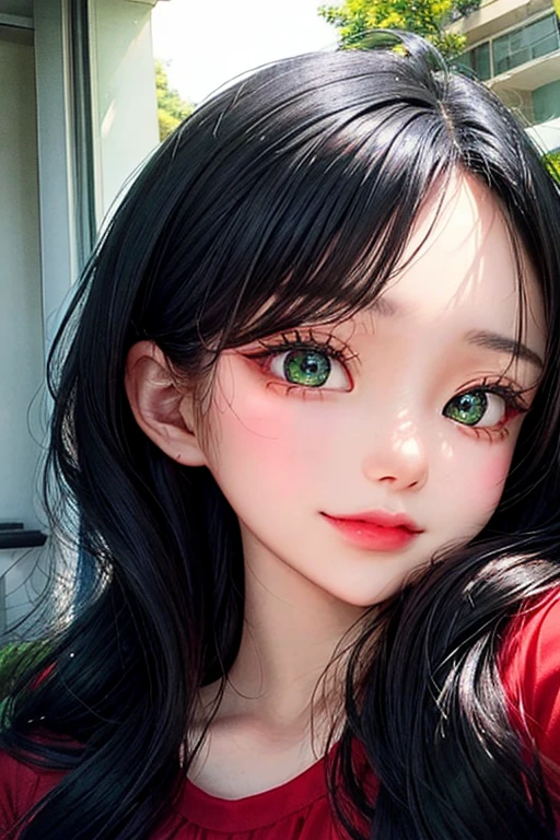 a girl with black hair and green eyes, wearing a red dress,