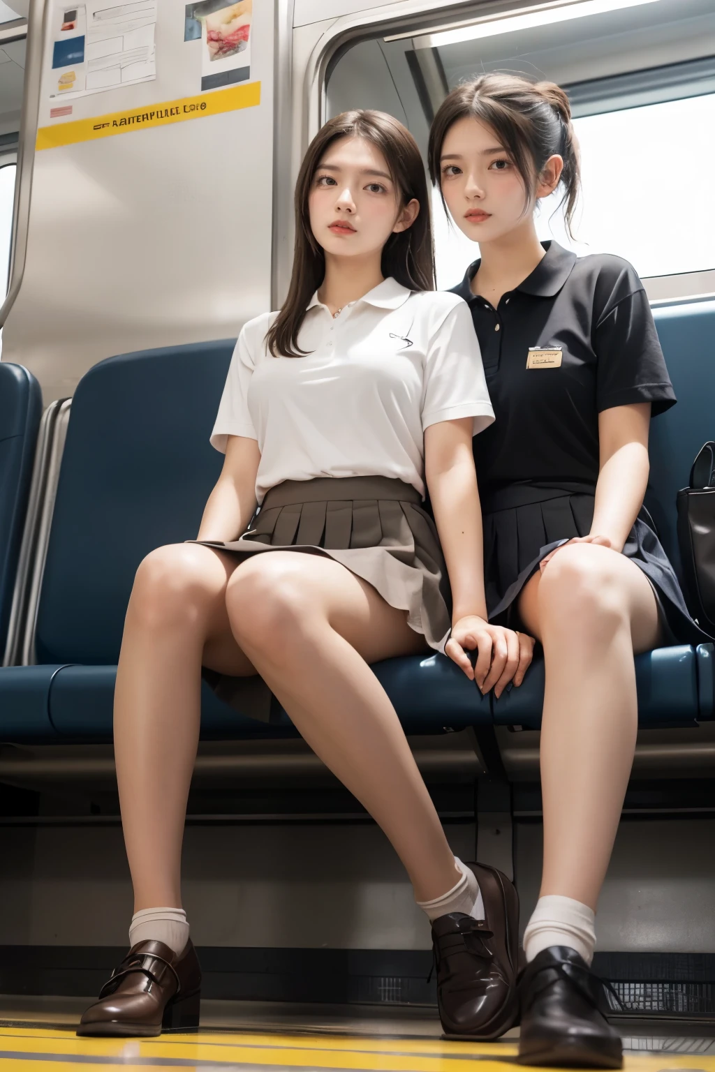 heavy rain, Soaking wet, Long Hair, Watch the audience, bangs, (Two Girls:1.2), skirt, Brown Hair, shirt, Black Hair, Short sleeve, Brown eyes,  Long Hair, sitting in Train seat, white polo shirt, pleated skirt, Open clothes, shoes, socks, Striped, collared shirt, Hands behind back, bag, Pantyhose, Brown footwear, , school bag, Wet, (From below:1.2), (Plump breast)