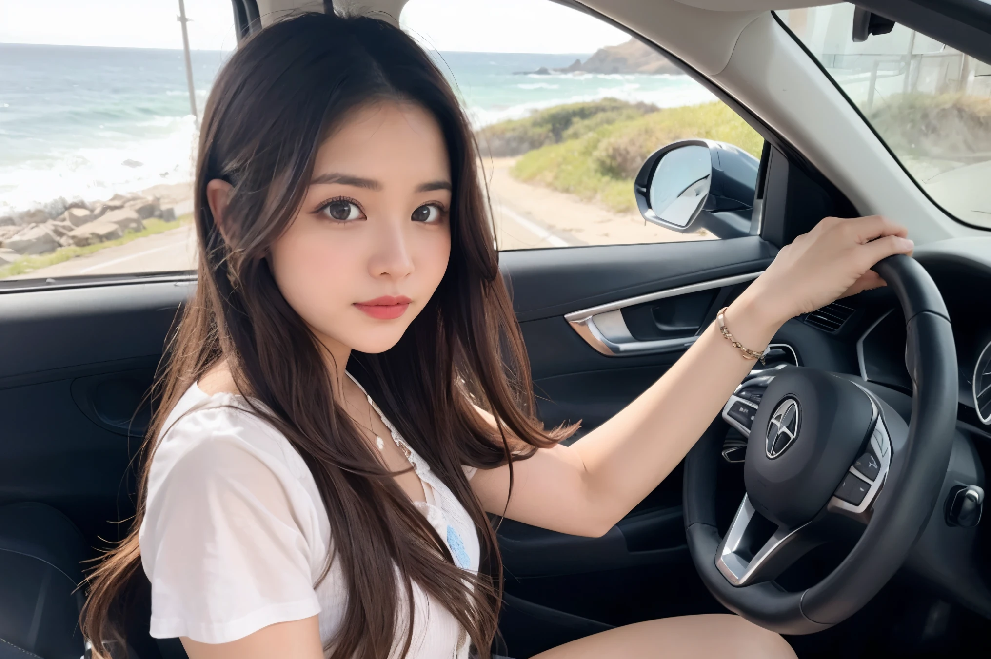 Stunningly beautiful girl, I put her in the passenger seat of the convertible, Driving at high speed along the beautiful coastline, Her hair is blowing wildly in the strong wind.!