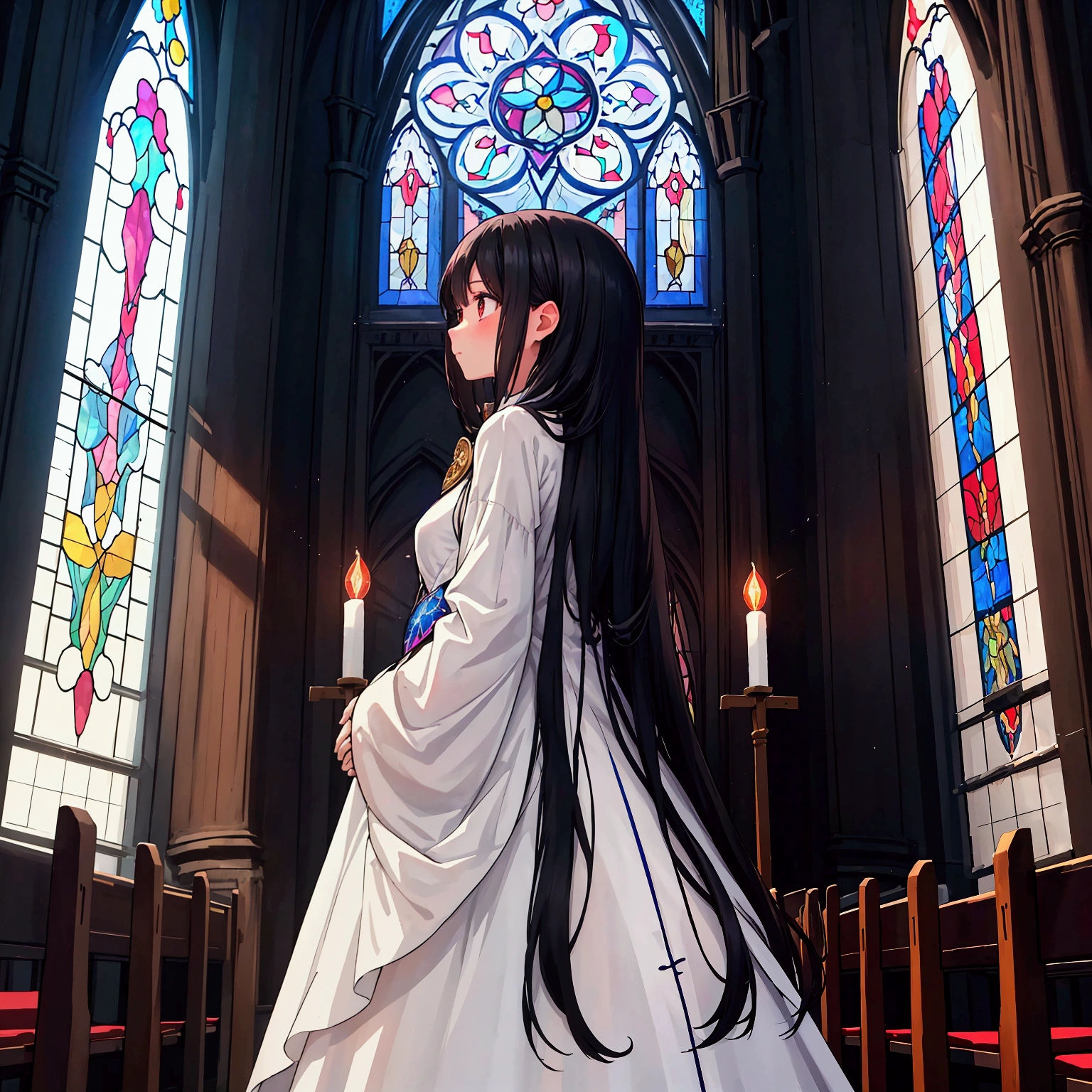 masterpiece, Best Quality,Super detailed,Hyper Detail, Cinematic Light,　 female with long black hair 160 cm tall　Weight 45kg　Small breasts　A person standing in a church with beautiful stained glass windows, seen from behind. They are looking up in prayer, their hands clasped in front of their chest. The person is wearing a modest, long-sleeved white dress that covers their entire body, including the neck and arms, with no skin visible. The colorful light from the stained glass illuminates their figure from behind, creating a soft, spiritual glow. The atmosphere is reverent and serene, emphasizing the sacredness of the moment as they look upward in prayer