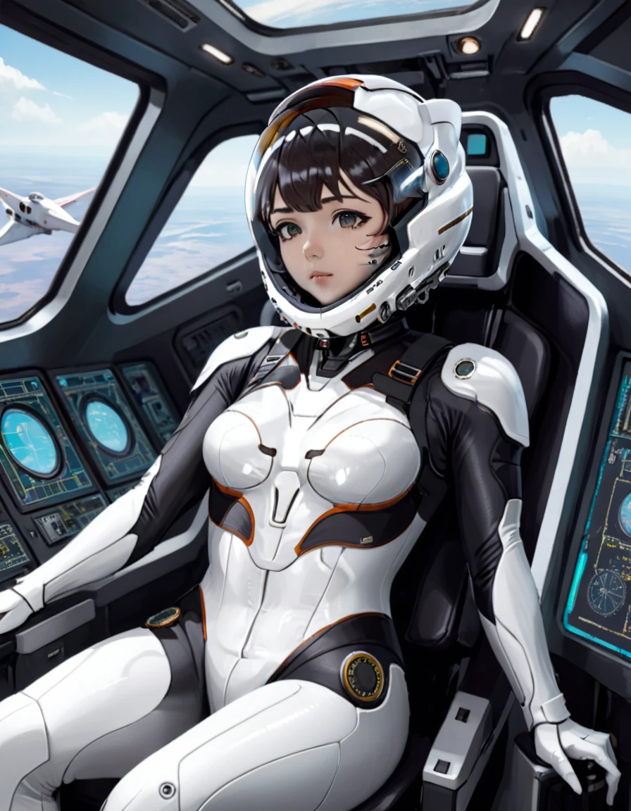 ((Female pilot in the cockpit of reconnaissance plane), (airplane cockpit), (in flight), (10,000フィートof高度)、(空of景色):1.7),, short hair, street, emo, Black Hair, White Eyes, Eyeliner, The End, 女of子, internal (cockpit:1.9) of (Futuristic spaceship:1.6), , ,Sitting in a chair, Covered navel, Space Helmet, , Space Helm, Plug Suit , Space Helmet, Eva Helm, Space Suit, short hair,
from side