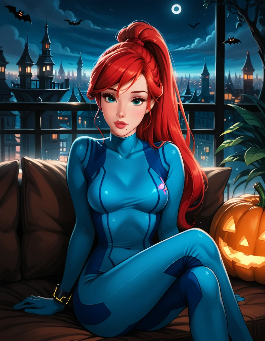 score_9, score_8_up, score_7_up, rating_questionable, epiCPhoto, 1girl, solo, very sexy (Disney's Ariel, ar_el, fair skin, red hair, ponytail, bangs:1.4), beautiful waifu, wearing (Samus Aran costume, blue bodysuit, zero suit, full bodysuit, full coverage, arms covered, shoulders covered, feet covered, ankles covered, bracelet, gloves, skin tight, heel boots:1.1), long legs, confident, flirt, gaze, sexy look, cute smile, head tilt, filled lips, thick lips, sitting on large sofa, model pose, modelling shoot, elegant, glamorous, (in the living room, beautiful modern apartment, city living:1.2), (Halloween theme:1.3), night, dark, dimly lit, expressiveh d4rk01l, perfect hands, perfect proportions.