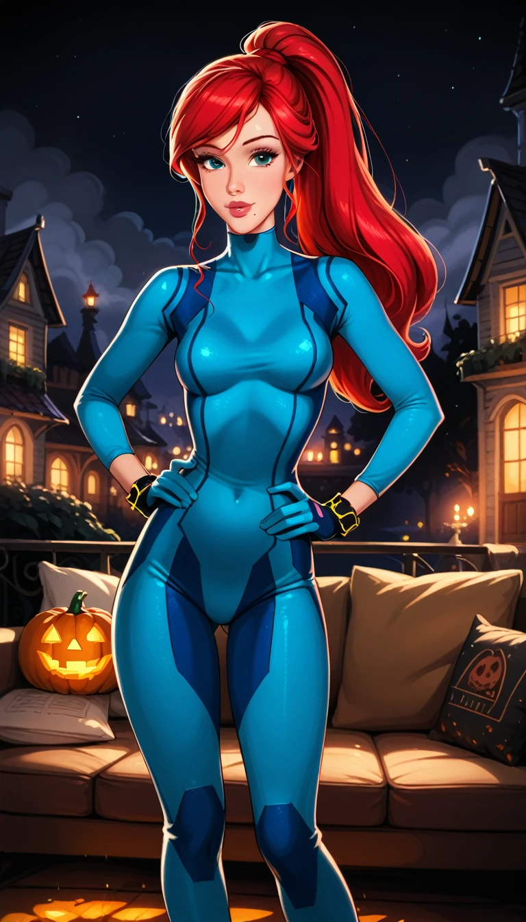 score_9, score_8_up, score_7_up, rating_questionable, epiCPhoto, 1girl, solo, very sexy (Disney's Ariel, ar_el, fair skin, red hair, ponytail, bangs:1.4), beautiful waifu, wearing (Samus Aran costume, blue bodysuit, zero suit, full bodysuit, full coverage, arms covered, shoulders covered, feet covered, ankles covered, bracelet, gloves, skin tight, heel boots:1.1), long legs, confident, flirt, gaze, sexy look, cute smile, head tilt, filled lips, thick lips, standing, feet apart, hand on hip, model pose, modelling shoot, elegant, glamorous, (in the living room, beautiful modern apartment, city living:1.2), (Halloween theme:1.3), night, dark, dimly lit, expressiveh d4rk01l, perfect hands, perfect proportions, (cowboy shot:1.3).