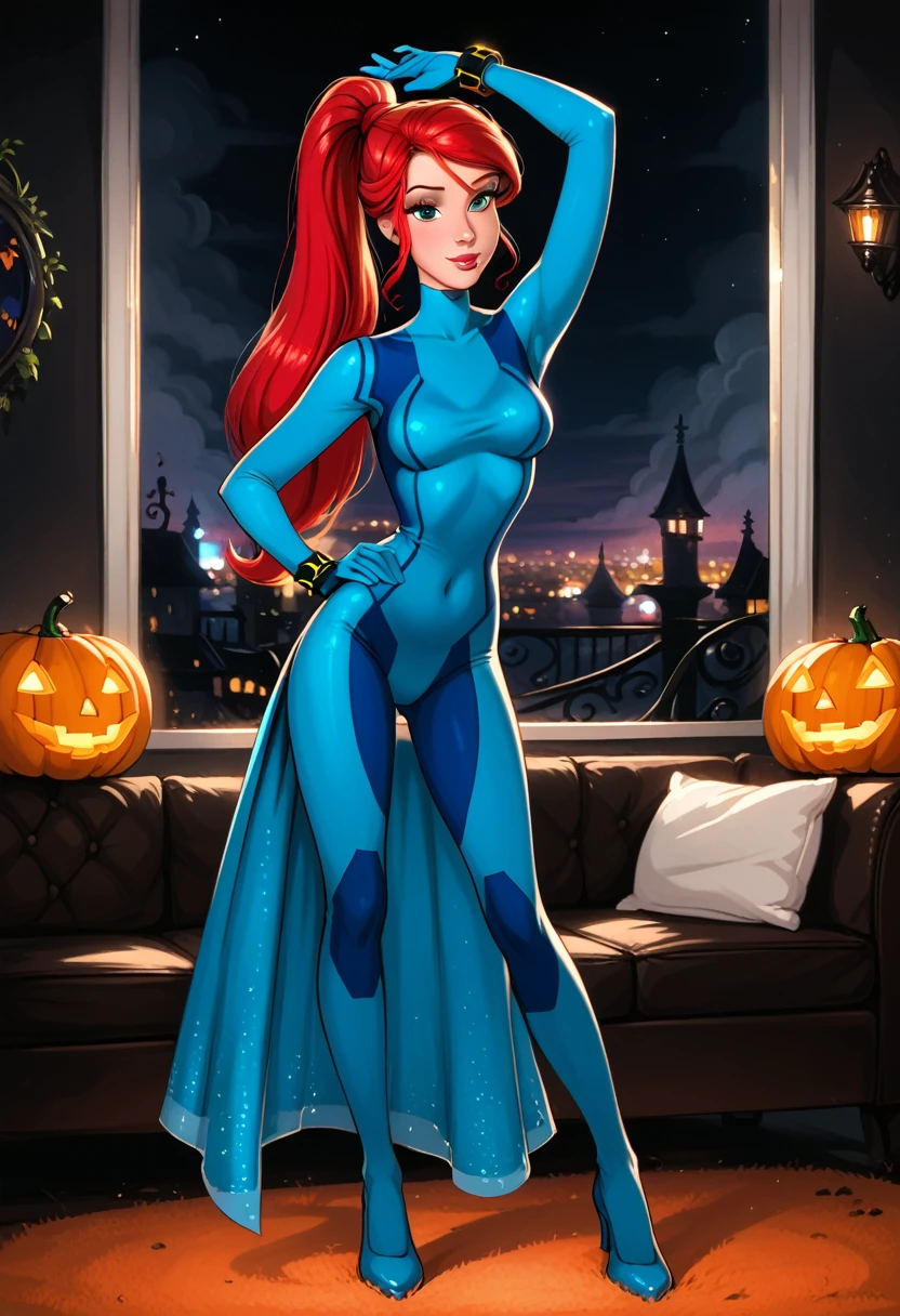 score_9, score_8_up, score_7_up, rating_questionable, epiCPhoto, 1girl, solo, very sexy (Disney's Ariel, ar_el, fair skin, red hair, ponytail, bangs:1.4), beautiful waifu, wearing (Samus Aran costume, blue bodysuit, zero suit, full bodysuit, full coverage, arms covered, shoulders covered, feet covered, ankles covered, bracelet, gloves, skin tight, heel boots:1.1), long legs, confident, flirt, gaze, sexy look, cute smile, head tilt, filled lips, thick lips, standing, feet apart, hand on hip, model pose, modelling shoot, elegant, glamorous, (in the living room, beautiful modern apartment, city living:1.2), (Halloween theme:1.3), night, dark, dimly lit, expressiveh d4rk01l, perfect hands, perfect proportions, (cowboy shot:1.3).