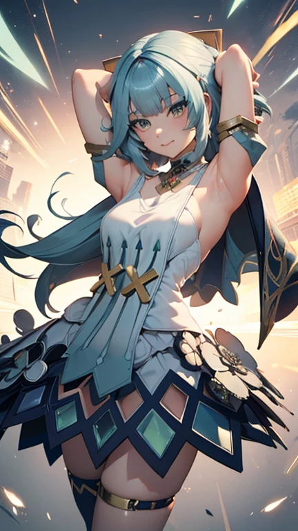 1 girl, full body, (high detailed face), (high detailed dress), (detailed hands, no bad hands, No bad fingers), smile, looking at viewer, armpits, arms up, (hands behind the head), standing up, dynamic pose, medium breasts, sexy, perfect body, no stockings, dancing, 1girl, Faruzan (genshin_impact), genshin_impact, puffy breasts, breasts slipping from sides,