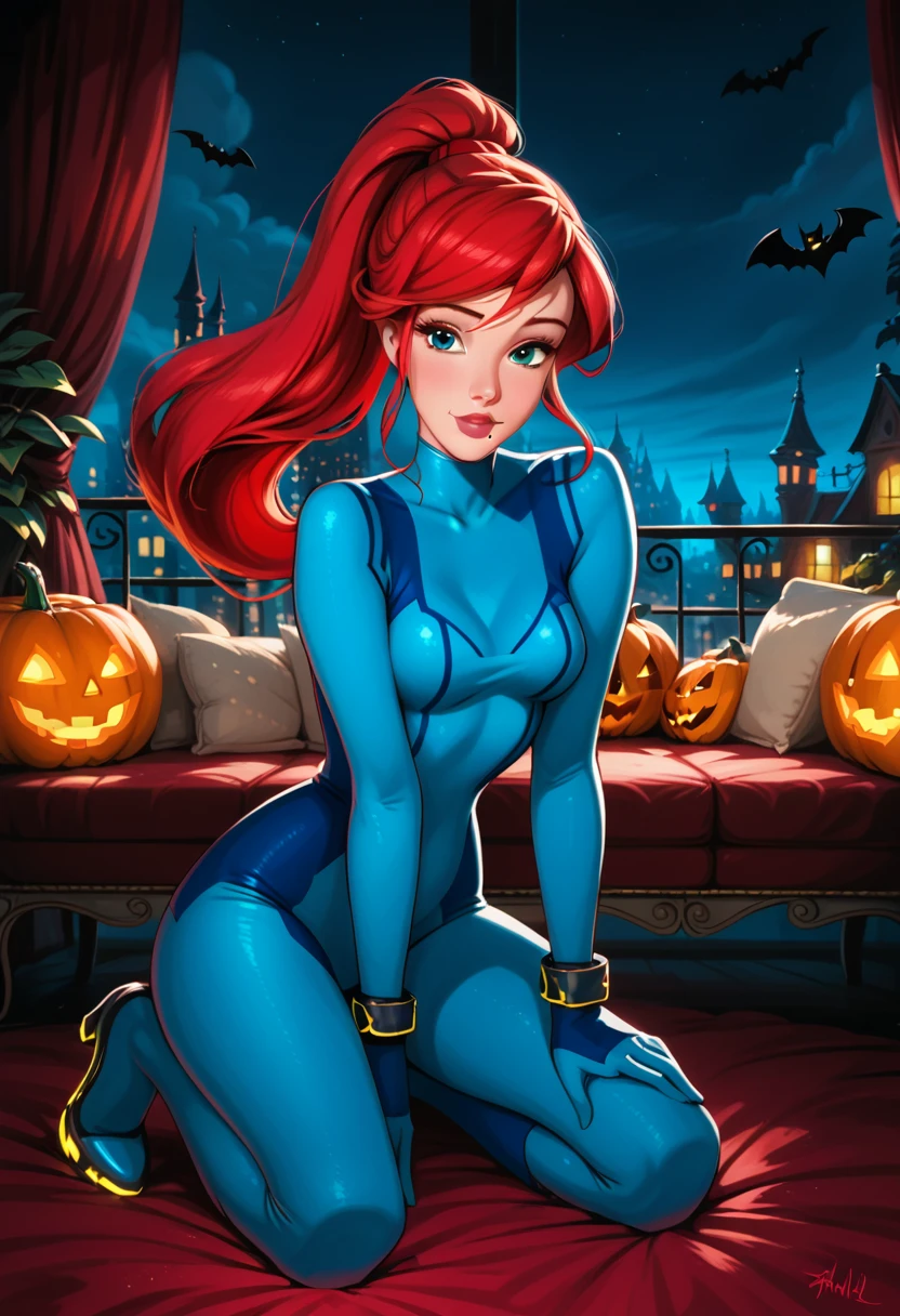 score_9, score_8_up, score_7_up, rating_questionable, epiCPhoto, 1girl, solo, very sexy (Disney's Ariel, ar_el, fair skin, red hair, ponytail, bangs:1.4), beautiful waifu, wearing (Samus Aran costume, blue bodysuit, zero suit, full bodysuit, full coverage, arms covered, shoulders covered, feet covered, ankles covered, bracelet, gloves, skin tight, heel boots:1.1), long legs, confident, flirt, gaze, sexy look, cute smile, head tilt, filled lips, thick lips, kneeling, feet apart, model pose, modelling shoot, elegant, glamorous, (in the living room, beautiful modern apartment, city living:1.2), (Halloween theme:1.3), night, dark, dimly lit, expressiveh d4rk01l, perfect hands, perfect proportions.