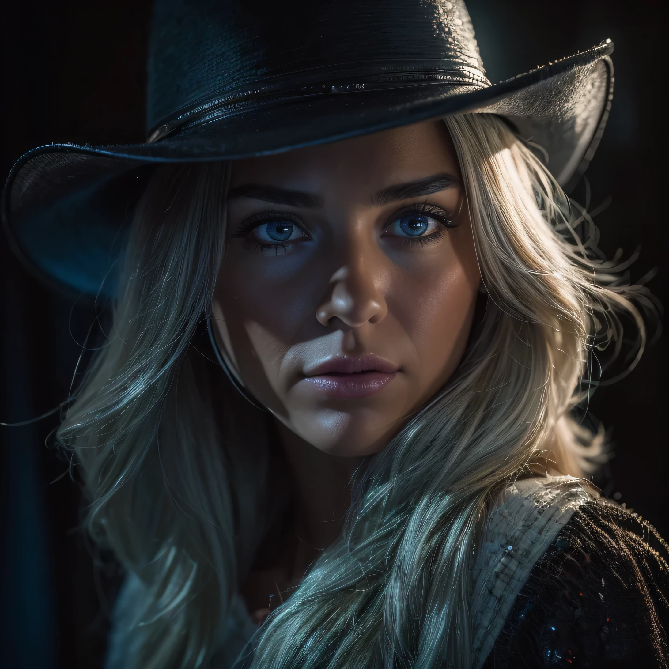 (front focus), (in the dark:1.6), Hyperrealist portrait of female by david hockney and alphonse mucha, fantasy art, photo realistic, dynamic lighting, artstation, poster, volumetric lighting, very detailed faces, 4 k, award winning, 1girl, in the dark, deep shadow, low key, cowboy shot, (official clothing:1.4), long hair, white hair