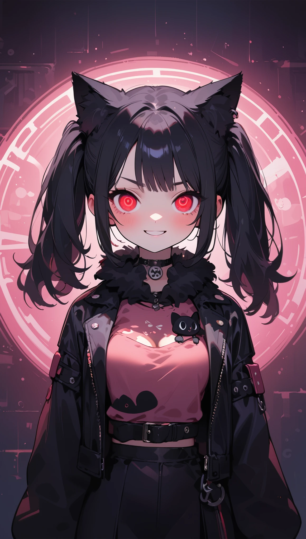 solo,1girl\(cute, kawaii, age of 12,(evil smile:1.2),(black hair:1),(long hair),(twin tails hair),pale skin, skin color blue, red eyes, eyes shining, (big eyes),(breast:1.4),(punk fashion:1.6),(ripped clothes:1.5),(tight tube top),(tight hot pants),(stomach shown:0.8),(ripped black short jacket:1.4),(fluffy black cat-ear:1.4),(dynamic pose:1.3), (spiral eye:1.5),(bang)\), BREAK ,background\(outside, noisy city, backstreet, narrow street, neon lights, at night\), BREAK ,quality\(8k,wallpaper of extremely detailed CG unit, high resolution, top-quality, top-quality real texture skin, hyper realistic, increase the resolution, RAW photos, best quality, highly detailed, the wallpaper,golden ratio,high saturation realism, vibrant colors, dramatic lighting, persuasive storytelling, atmospheric scenery, captivating visuals, intricate details, strong emotions,dreamlike world\),(close up:1.0),dynamic angle