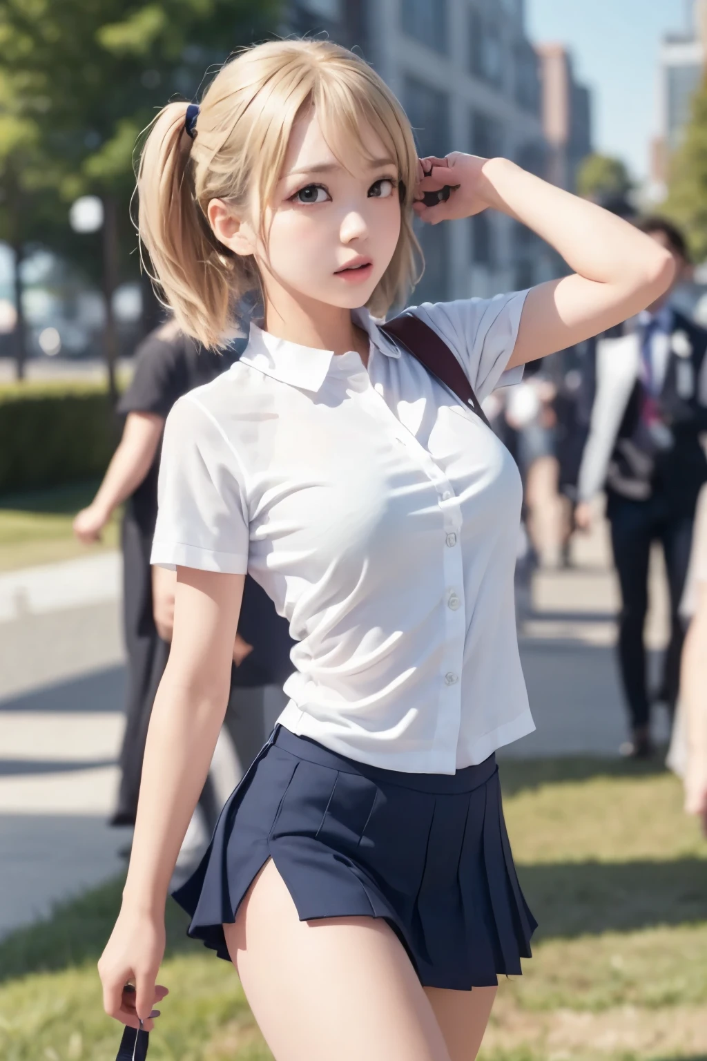 solo,((a jk girl punching viewer by bare fist)),1girl\(cute, kawaii,,hair floating,messy hair,blonde hair,long hair,messy hair,pony tail hair,skin color white,eye color blue,eyes shining,big eyes,breast,angry face,punching viewer by her fist,dynamic pose,sweat,((high school uniform)), muscular\), BREAK ,hand\((motion blur:2.0)\),background\(school\),motion blur, BREAK ,quality\(masterpiece, best quality,8k,wallpaper of extremely detailed CG unit, high resolution, top-quality, top-quality real texture skin, hyper realistic, increase the resolution, RAW photos, best quality, highly detailed, the wallpaper,golden ratio\),Perfect hand,close up girl,looking at viewer,(dynamic angle:1.3)