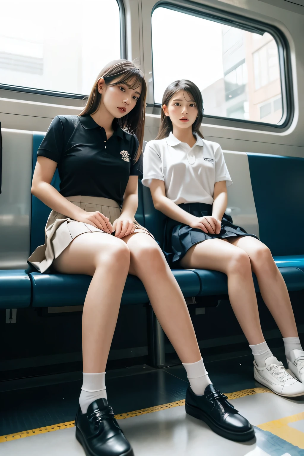 heavy rain, Soaking wet, Long Hair, bangs, (Two Girls:1.2), skirt, Brown Hair, shirt, Black Hair, Short sleeve, Brown eyes,  Long Hair, sitting in Train seat, white polo shirt, pleated skirt, Open clothes, shoes, socks, Striped, collared shirt, Hands behind back, bag, Pantyhose, Brown footwear, , school bag, Wet, (From below:1.2), (Plump breast)