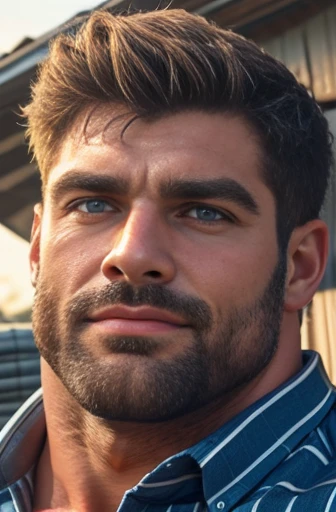 a very handsome and muscular man, perfect big blue eyes, wearing a striped button-down shirt, massively large biceps, very large pecs, Standing sideways on a farm, close-up portrait From the waist to the head, close-up view, bara