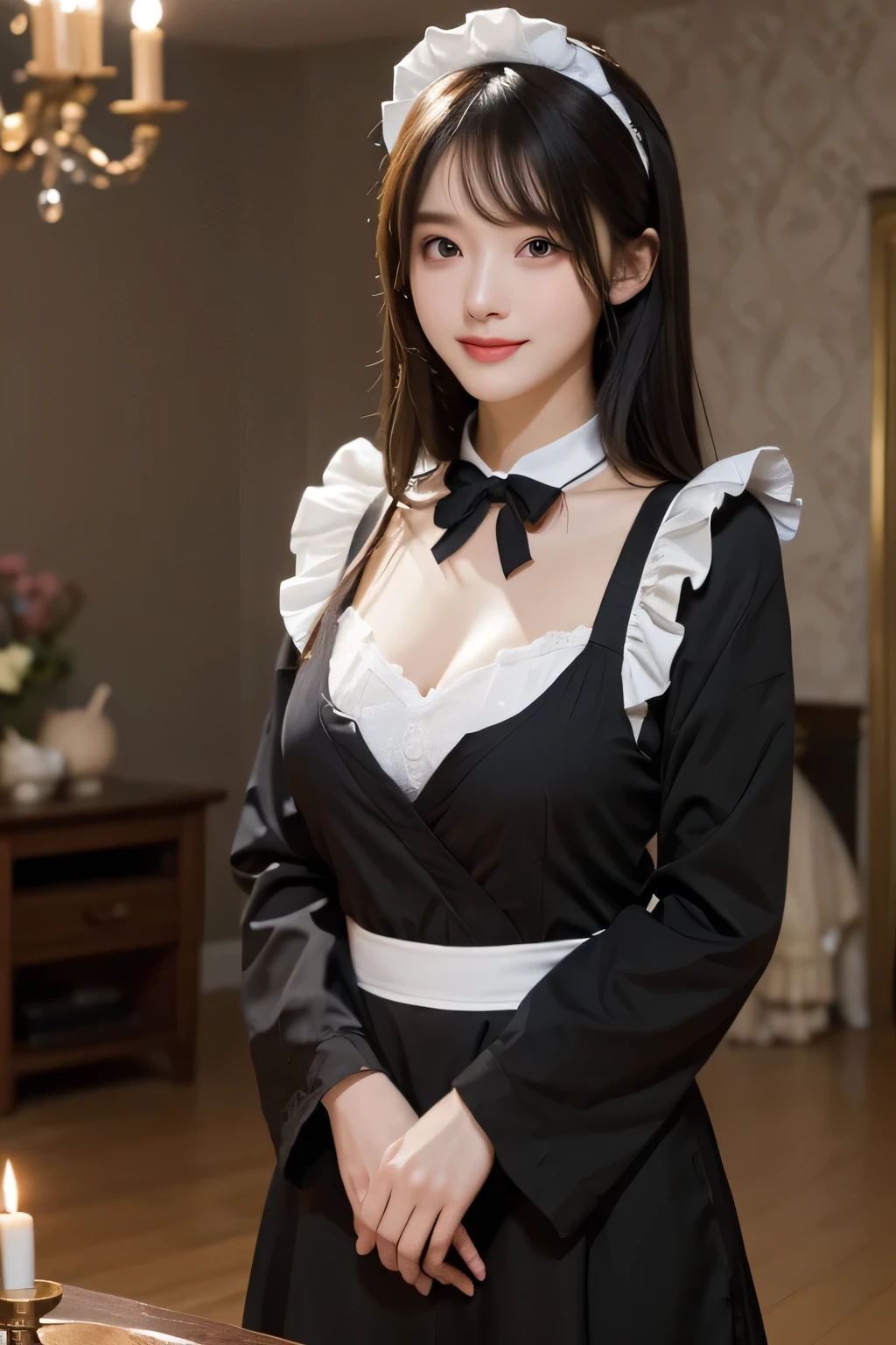 masterpieceThe best quality, Highly detailed CG Unity 8k wallpaper, Japanese, pretty girl, Medium Hair, Disheveled Hair, Asymmetrical bangs, chest is open, Big and ample breasts、Black maid outfit, smile, Dimly lit room、A mansion where monsters live, At night, Candlelight illuminating the room、Sophisticated Wallpaper、Blurred background