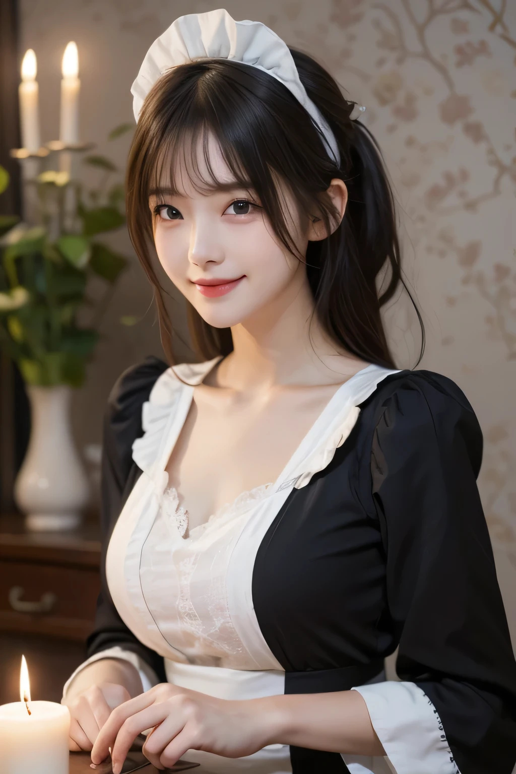 masterpieceThe best quality, Highly detailed CG Unity 8k wallpaper, Japanese, pretty girl, Medium Hair, Disheveled Hair, Asymmetrical bangs, chest is open, Big and ample breasts、Black maid outfit, White headband、smile, Dimly lit room,haunted mansion, At night, Candlelight illuminating the room、Sophisticated Wallpaper、Blurred background