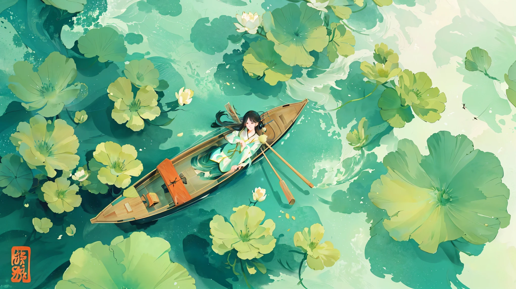 Chinese painting style, ink and wash，there is a woman in a boat floating on a lake, serene illustration, a beautiful artwork illustration, by Yang J, artwork in the style of guweiz, dreamy illustration, by Atey Ghailan, makoto shinkai cyril rolando, in style of atey ghailan, by Ye Xin, brittney lee, atey ghailan 8 k