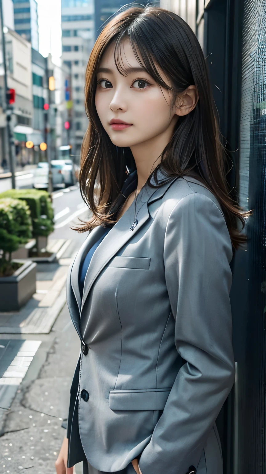 highres, ultra detailed, photorealistic,1 beautiful japanese woman, highly detailed beautiful face, medium hair, serious, formal greyish blue suit, city, in the morning