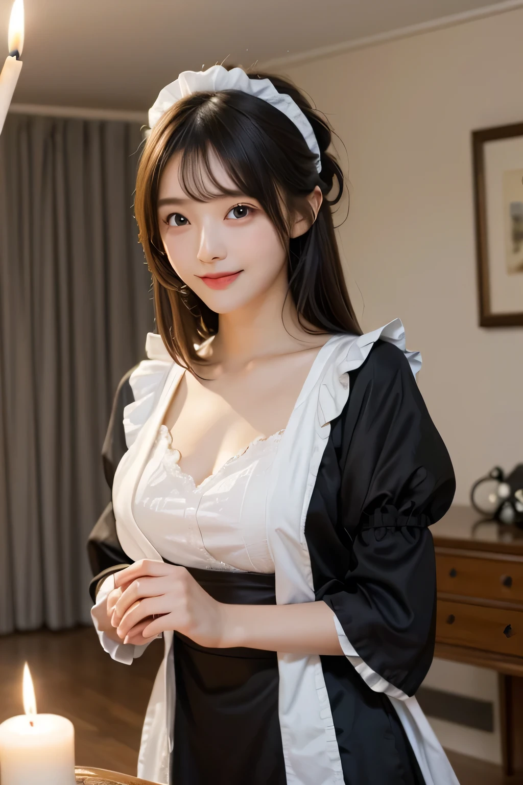 masterpieceThe best quality, Highly detailed CG Unity 8k wallpaper, Professional Lighting、Beautiful gradation、Japanese, pretty girl, Medium Hair, Disheveled Hair, Asymmetrical bangs, chest is open, Beautiful breasts、Natural skin texture、(Black maid outfit,) White headband、smile, Dimly lit room,haunted mansion, Torture devices,At night, Candlelight illuminating the room、Sophisticated Wallpaper、Blurred background