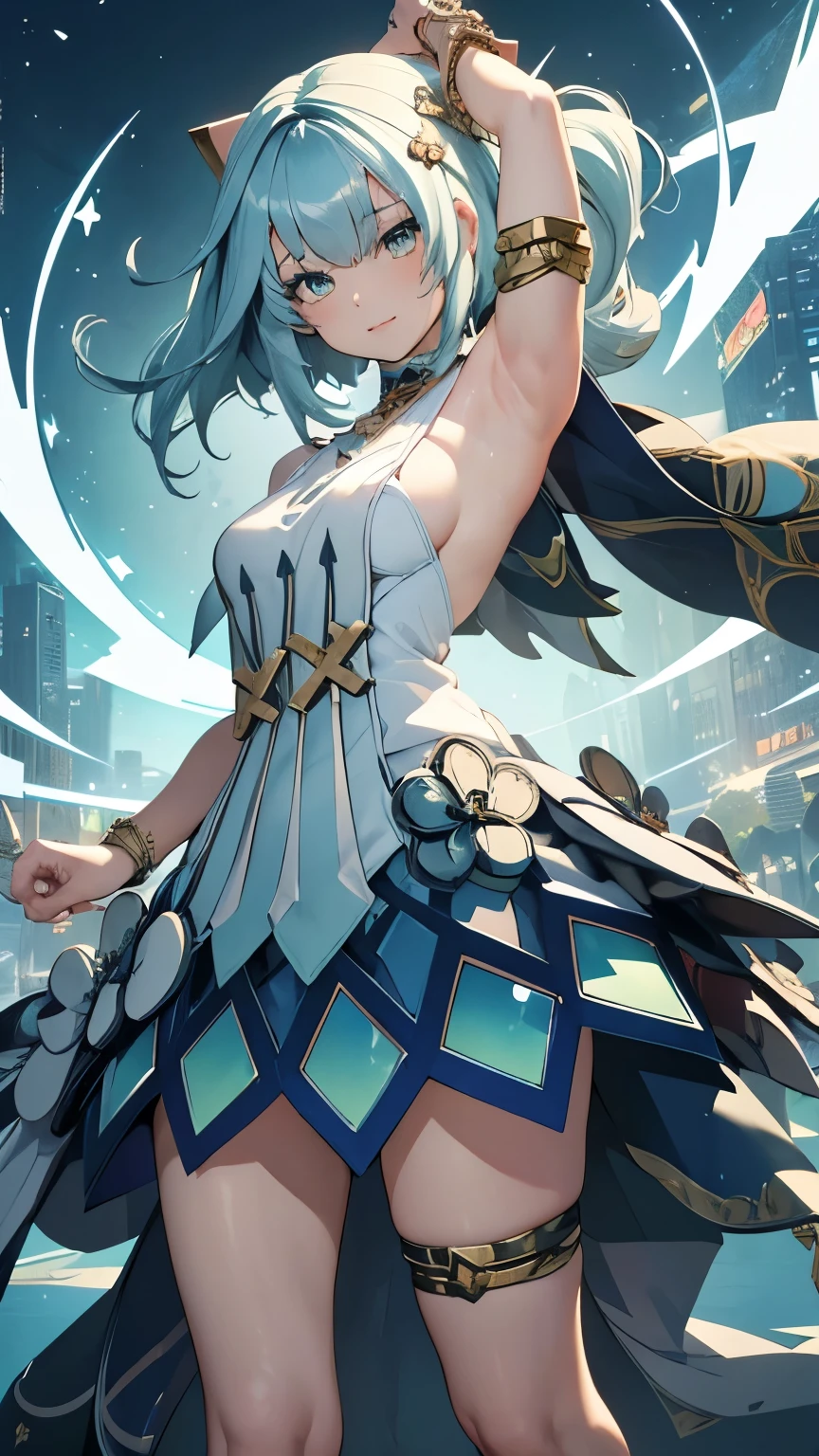 1 girl, full body, (high detailed face), (high detailed dress), (detailed hands, no bad hands, No bad fingers), smile, looking at viewer, armpits, arms up, (hands behind the head), standing up, dynamic pose, medium breasts, sexy, perfect body, no stockings, dancing, 1girl, Faruzan (genshin_impact), genshin_impact, puffy breasts, breasts slipping from sides,