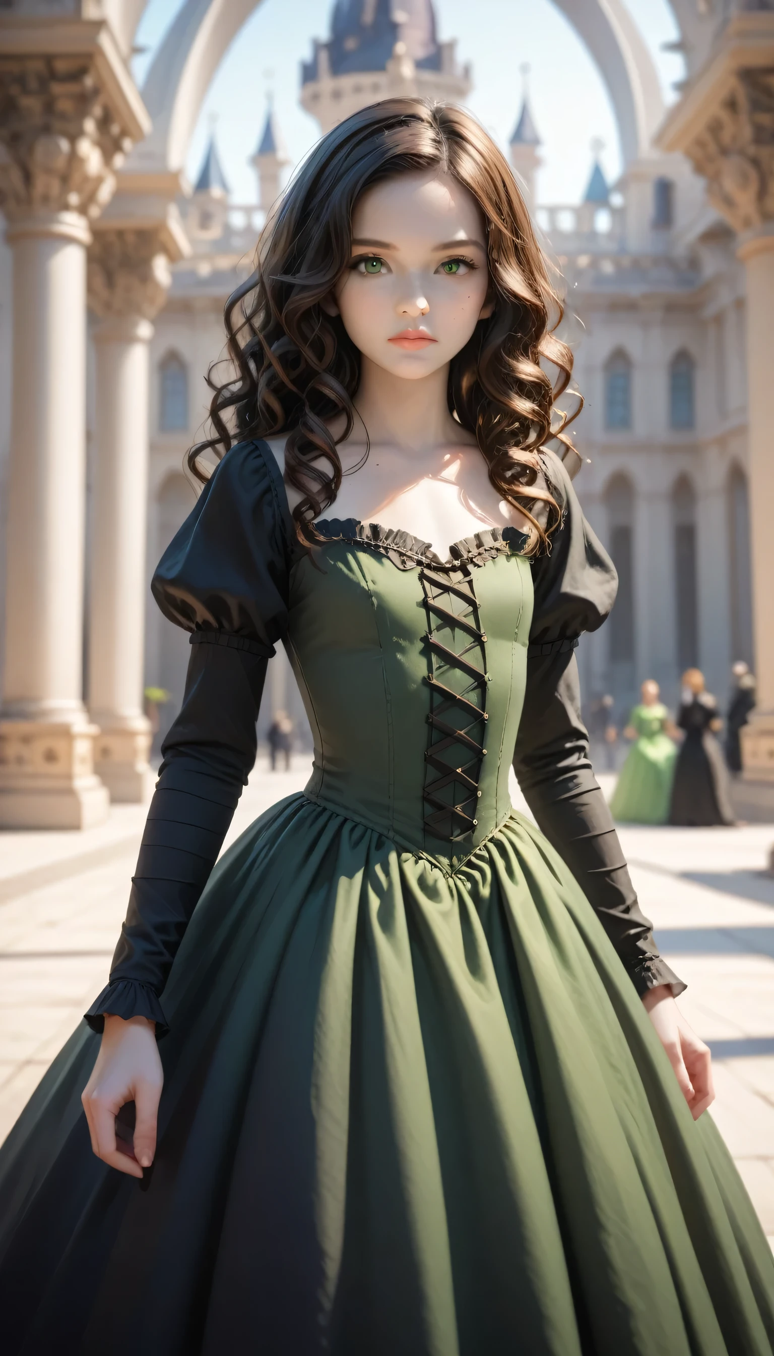score_9, score_8_up, score_7_up, (masterpiece, UHD, 8K, 16K, ultra detailed, photograph, photographic portrait), sfw, Fantasy, Palace Gardens, Fountains, (dark gothic architecture background:1.4), 1girl, young woman, heart-shaped face, realistic detailed face, pale milky skin, freckles, emerald green eyes, dark chocolate brown hair, very long curly hair, sad expression, flat chest, (green dress:1.2), medieval princess layered dress, dynamic pose, (depth of field), diffused light, dramatic ambient,