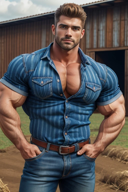 a very handsome and muscular man, big blue eyes, wearing a striped button-down shirt and a pair of jeans, massively large biceps, very large pecs, Standing sideways on a farm, close-up portrait From the waist to the head, close-up view, bara, Alta resolução, Obra-prima, Melhor qualidade, Modelo HD, Detalhes altos, Qualidade, Super detalhe, Ultra HD, Alta qualidade