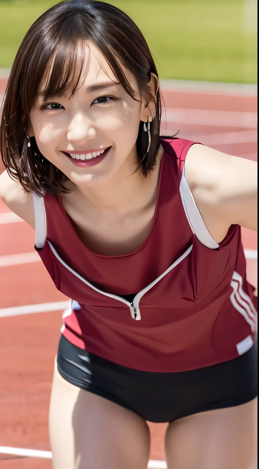 (Athletics Ground)、Earrings、(Track and field uniform)、short hair、They hesitate,、Wet Hair, Underarm,, (High color saturation:1.0), (Very detailed肌), (Please redeem:1.0), (Ultra-high resolution:1.0) ,(Realistic:1.0), (Very detailed:1.0), (8k, RAW Photos:1.1)、Center of chest、Spread your legs、Yoshizuki Iori、(Front View)、Brown Hair、slender、、ponytail、Walking
