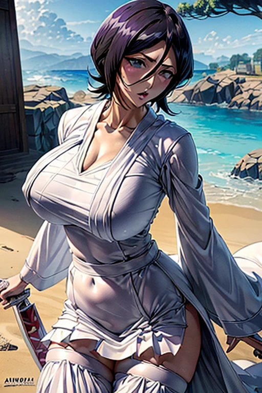 (Best Quality、masterpiece、Super A high resolution,{{{masterpiece}}},{{{Please redeem}}}, (Huge breasts:1.5), (Bent:1.5), (1 mature woman), (Kuchiki Rukia) 【Thousand-Year Blood War Arc】, One mature woman, Alone,Busty,Pure white hair, semi-long、The bangs in the middle extend diagonally downward to the left from the base of the nose。Ears hidden in hair, Strong lower body、Strong legs、whole bodyショット、Voluptuous body、Smell of erotic manga、Mature Woman、Plus size model、Thick thighs、Muscular thighs、Muscular calves、pubic hair、pubic hair、Big nipples、Large areola、豊かなpubic hair、太ったプラスサイズのMature Woman、,Beautiful clavicle、whole body、Open Mouth、White Gauntlet、Pure white medium hair、Distinctive bangs、Light purple eyes、Beautiful belly button、Bold cleavage、Beautiful white skin、White costume、White hakama and kimono、Hair ornament looks like thisIce crystal、(Kuchiki Rukia) 【BLEACH】Low-rise 、(Kuchiki Rukia) 【Captain of the 13th Division of the Gotei 13】 (Kuchiki Rukia) 【Thousand-Year Blood War Arc】Beautiful feet、(Kuchiki Rukia) 【Bankai：White Haze Canon】  ] (Kuchiki Rukia) [Zanpakuto：Snow White]、Eye shadow with professional detail ((White and crystal rosette dress Basque waist jumper skirt)))、((White and ice rosette dress Basque waist jumper skirt)),Mature Woman,Married Woman,Kuchiki Rukia) 【Bankai：White Haze Canon】  ] (Kuchiki Rukia) [Zanpakuto：Snow White](Kuchiki Rukia) 【BLEACH】【Snow White】Zanpakutoを持っている,【Snow White】Holding a sword,