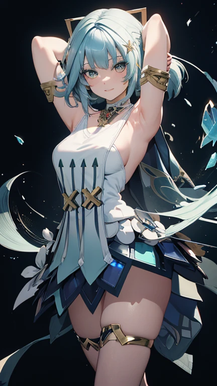 1 girl, full body, (high detailed face), (high detailed dress), (detailed hands, no bad hands, No bad fingers), smile, looking at viewer, armpits, arms up, (hands behind the head), standing up, dynamic pose, medium breasts, sexy, perfect body, no stockings, dancing, 1girl, Faruzan (genshin_impact), genshin_impact, puffy breasts, breasts slipping from sides, fractal colours over plain black background.