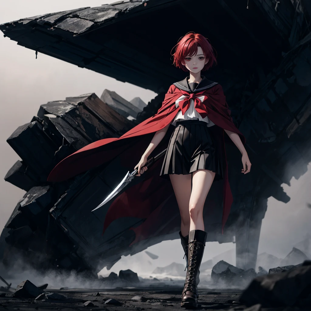 One girl、(masterpiece, Best Quality),(Detailed Hair), Super detailed, Anime Style, whole body,  High School Girls Standing in Desolate Land 、 She's wearing a black sailor suit and 、 has milky white and red hair and short hair。.、Red eyes、 Wearing boots, Digital Painting, 8k high resolution, whole body, White background,  dynamic pose 、Standing in a desolate place、big blade、Vampire Hunter、 dynamic configuration 、grim Reaper&#39;Sickle、