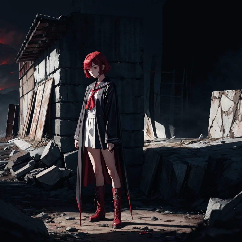 One girl、(masterpiece, Best Quality),(Detailed Hair), Super detailed, Anime Style, whole body,  High School Girls Standing in Desolate Land 、 She's wearing a black sailor suit and 、 has milky white and red hair and short hair。.、Red eyes、 Wearing boots, Digital Painting, 8k high resolution, whole body, White background,  dynamic pose 、Standing in a desolate place、big blade、Vampire Hunter、 dynamic configuration 、grim Reaper&#39;Sickle、