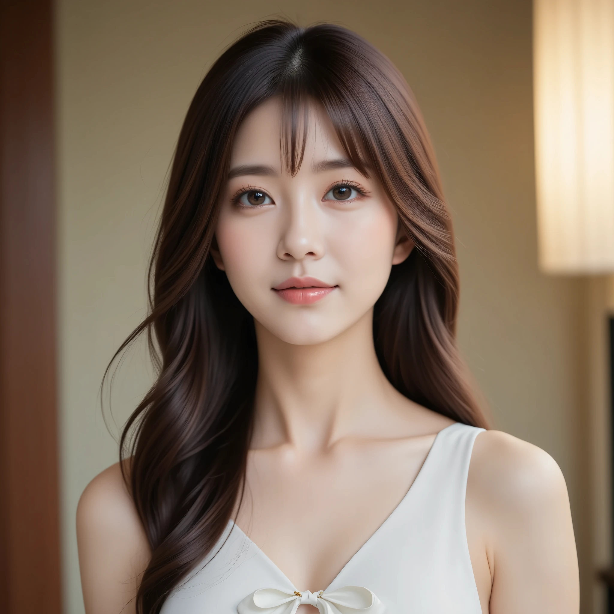 Portrait of a gently smiling Japanese woman.she has long brown hair , wearing a white elegant Blause with ribbon-tie. In Hotel room.
