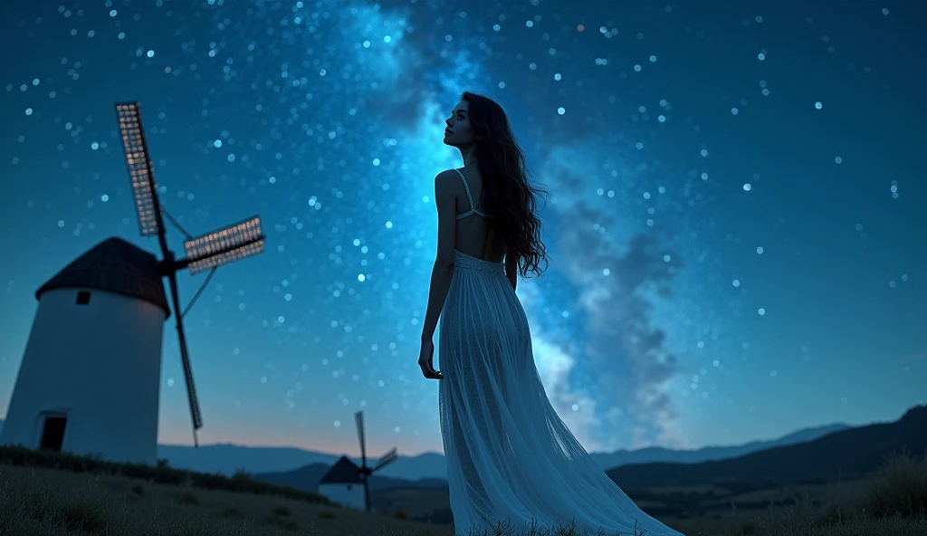 A woman looking up at the starry sky on a hill,Beautiful starry sky