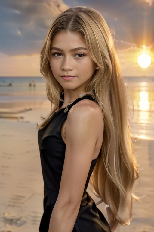 (zendaya:.4), (32k:1.5, Highest quality, masterpiece, Ultra-high resolution), Professional camera work:1.6, Highly detailed skin and face textures:1.3, Captivating portrait:1.2, Very accurate, Very detailed, 1 adult female, ((staying on the beach:1.4)), Incredibly slim body, sense of loss, Sadness, Expressions of sadness,  Small face, ((long blond hair:1.3)), (full body shot), ((black dress:1.3)), ((sunset rays:1.4)), ((45 degree view)), ((smile:0.9)),