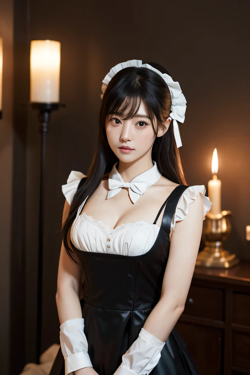 masterpiece、Best Quality,  very detailed、Ultra-realistic、8k 、wallpaper, Professional Lighting、Beautiful gradation、Japanese,Adult female, her 30s、Medium Hair, Disheveled Hair, Asymmetrical bangs, chest is open, Beautiful breasts、Natural skin texture、(Black maid outfit)、black bowtie、 White headband、Staring at the audience, Put your hands on shoulder straps、Dimly lit room,old haunted mansion, Torture devices,At night,  candlelight illuminating the room、Satanicなwallpaper、Blurred background