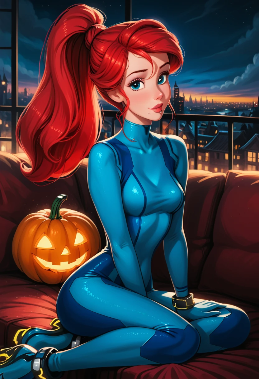 score_9, score_8_up, score_7_up, rating_questionable, epiCPhoto, 1girl, solo, very sexy (Disney's Ariel, ar_el, fair skin, red hair, ponytail, bangs:1.4), beautiful waifu, wearing (Samus Aran costume, blue bodysuit, zero suit, full bodysuit, full coverage, arms covered, shoulders covered, feet covered, ankles covered, bracelet, gloves, skin tight, heel boots:1.1), long legs, confident, flirt, gaze, sexy look, cute smile, head tilt, filled lips, thick lips, sitting on large sofa, (holding a large pumpkin in her lap:1.4), model pose, modelling shoot, elegant, glamorous, (in the living room, beautiful modern apartment, city living:1.2), (Halloween theme:1.3), night, dark, dimly lit, expressiveh d4rk01l, perfect hands, perfect proportions.