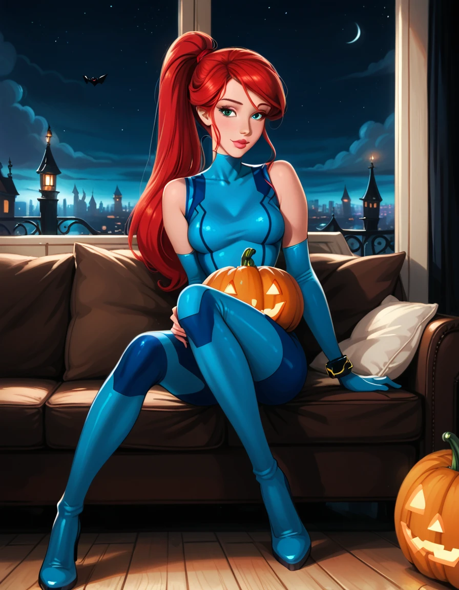 score_9, score_8_up, score_7_up, rating_questionable, epiCPhoto, 1girl, solo, very sexy (Disney's Ariel, ar_el, fair skin, red hair, ponytail, bangs:1.4), beautiful waifu, wearing (Samus Aran costume, blue bodysuit, zero suit, full bodysuit, full coverage, arms covered, shoulders covered, feet covered, ankles covered, bracelet, gloves, skin tight, heel boots:1.1), long legs, confident, flirt, gaze, sexy look, cute smile, head tilt, filled lips, thick lips, sitting on large sofa, (holding a large pumpkin in her lap:1.4), model pose, modelling shoot, elegant, glamorous, (in the living room, beautiful modern apartment, city living:1.2), (Halloween theme:1.3), night, dark, dimly lit, expressiveh d4rk01l, perfect hands, perfect proportions.