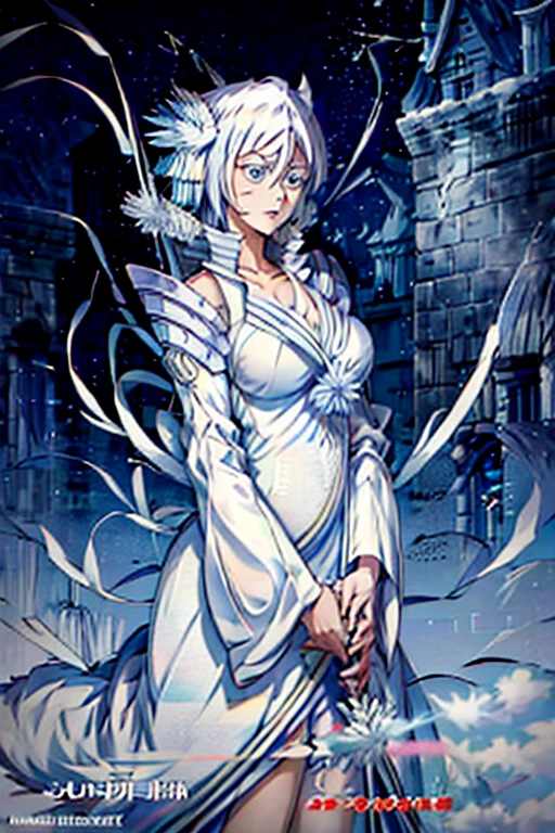 (Best Quality、masterpiece、Super A high resolution,{{{masterpiece}}},{{{Please redeem}}}, (Huge breasts:1.5), (Bent:1.5), (1 mature woman), (Kuchiki Rukia) 【Thousand-Year Blood War Arc】, One mature woman, Alone,Busty,Pure white hair, semi-long、The bangs in the middle extend diagonally downward to the left from the base of the nose。Ears hidden in hair, Strong lower body、Strong legs、whole bodyショット、Voluptuous body、Smell of erotic manga、Mature Woman、Plus size model、Thick thighs、Muscular thighs、Muscular calves、pubic hair、pubic hair、Big nipples、Large areola、豊かなpubic hair、太ったプラスサイズのMature Woman、,Beautiful clavicle、whole body、Open Mouth、White Gauntlet、Pure white medium hair、Distinctive bangs、Light purple eyes、Beautiful belly button、Bold cleavage、Beautiful white skin、White costume、White hakama and kimono、Hair ornament looks like thisIce crystal、(Kuchiki Rukia) 【BLEACH】Low-rise 、(Kuchiki Rukia) 【Captain of the 13th Division of the Gotei 13】 (Kuchiki Rukia) 【Thousand-Year Blood War Arc】Beautiful feet、(Kuchiki Rukia) 【Bankai：White Haze Canon】  ] (Kuchiki Rukia) [Zanpakuto：Snow White]、Eye shadow with professional detail (( white and crystal rosette dress basque waist jumper skirt holding a sword)))、((White and ice rosette dress Basque waist jumper skirt)),Mature Woman,Married Woman,Kuchiki Rukia) 【Bankai：White Haze Canon】  ] (Kuchiki Rukia) [Zanpakuto：Snow White](Kuchiki Rukia) 【BLEACH】【Snow White】Zanpakutoを持っている,【Snow White】Holding a sword,(clear pure white skin)(skin as clear as ice)(beautiful pure white body)(my whole body is frozen)(((Pure white skin of frozen ice and snow)))