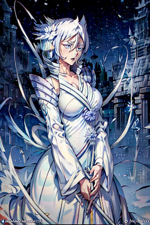 (Best Quality、masterpiece、Super A high resolution,{{{masterpiece}}},{{{Please redeem}}}, (Huge breasts:1.5), (Bent:1.5), (1 mature woman), (Kuchiki Rukia) 【Thousand-Year Blood War Arc】, One mature woman, Alone,Busty,Pure white hair, semi-long、The bangs in the middle extend diagonally downward to the left from the base of the nose。Ears hidden in hair, Strong lower body、Strong legs、whole bodyショット、Voluptuous body、Smell of erotic manga、Mature Woman、Plus size model、Thick thighs、Muscular thighs、Muscular calves、pubic hair、pubic hair、Big nipples、Large areola、豊かなpubic hair、太ったプラスサイズのMature Woman、,Beautiful clavicle、whole body、Open Mouth、White Gauntlet、Pure white medium hair、Distinctive bangs、Light purple eyes、Beautiful belly button、Bold cleavage、Beautiful white skin、White costume、White hakama and kimono、Hair ornament looks like thisIce crystal、(Kuchiki Rukia) 【BLEACH】Low-rise 、(Kuchiki Rukia) 【Captain of the 13th Division of the Gotei 13】 (Kuchiki Rukia) 【Thousand-Year Blood War Arc】Beautiful feet、(Kuchiki Rukia) 【Bankai：White Haze Canon】  ] (Kuchiki Rukia) [Zanpakuto：Snow White]、Eye shadow with professional detail (( white and crystal rosette dress basque waist jumper skirt holding a sword)))、((White and ice rosette dress Basque waist jumper skirt)),Mature Woman,Married Woman,Kuchiki Rukia) 【Bankai：White Haze Canon】  ] (Kuchiki Rukia) [Zanpakuto：Snow White](Kuchiki Rukia) 【BLEACH】【Snow White】Zanpakutoを持っている,【Snow White】Holding a sword,(clear pure white skin)(skin as clear as ice)(beautiful pure white body)(my whole body is frozen)(((Pure white skin of frozen ice and snow)))