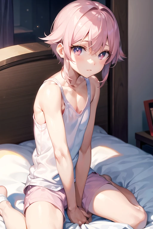 Onimai, 1girl, solo, long hair, ahoge, pink hair, hair between,flat chest, bangs, brown eyes, looking at viewer, shirt, bare shoulders, sitting, closed mouth, collarbone, short sleeves, off shoulder, blue shirt, oversized shirt, indoors, bedroom, pillows, skirt, <lora:AIArtsChannel_onimai_style:1> onimai style, <lora:add_detail:0.8>, <lora:hotarublurbk_v100:-1>