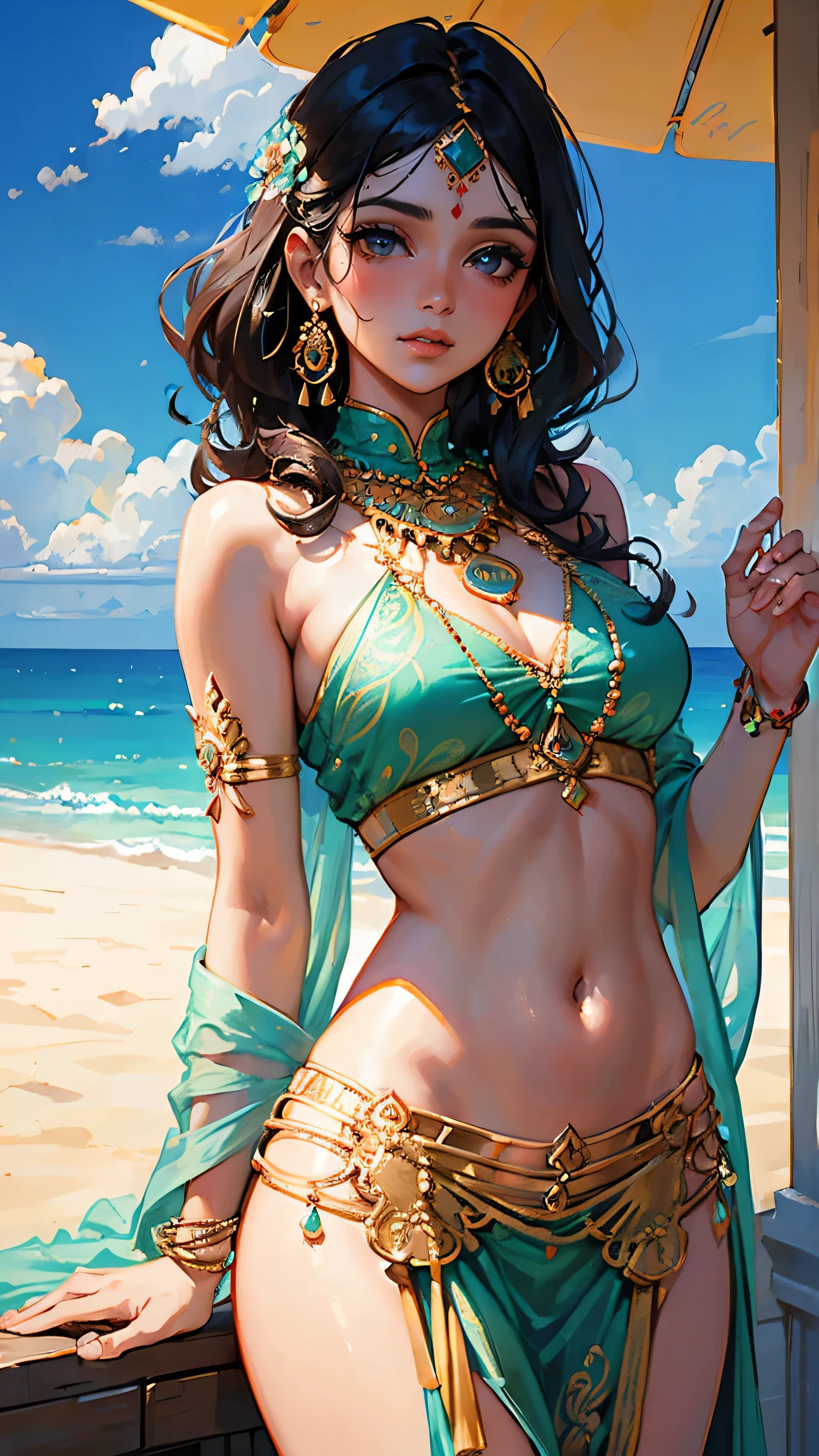 (masterpiece, high quality), (1 woman), belly dancer, (topless), exotic, gold jewelry, oasis, palm trees, water, desert