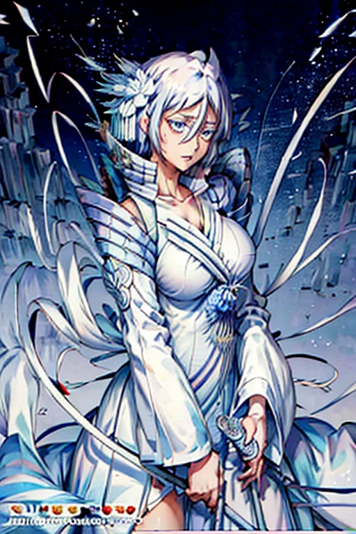 (Best Quality、masterpiece、Super A high resolution,{{{masterpiece}}},{{{Please redeem}}}, (Huge breasts:1.5), (Bent:1.5), (1 mature woman), (Kuchiki Rukia) 【Thousand-Year Blood War Arc】, One mature woman, Alone,Busty,Pure white hair, semi-long、The bangs in the middle extend diagonally downward to the left from the base of the nose。Ears hidden in hair, Strong lower body、Strong legs、whole bodyショット、Voluptuous body、Smell of erotic manga、Mature Woman、Plus size model、Thick thighs、Muscular thighs、Muscular calves、pubic hair、pubic hair、Big nipples、Large areola、豊かなpubic hair、太ったプラスサイズのMature Woman、,Beautiful clavicle、whole body、Open Mouth、White Gauntlet、Pure white medium hair、Distinctive bangs、Light purple eyes、Beautiful belly button、Bold cleavage、Beautiful white skin、White costume、White hakama and kimono、Hair ornament looks like thisIce crystal、(Kuchiki Rukia) 【BLEACH】Low-rise 、(Kuchiki Rukia) 【Captain of the 13th Division of the Gotei 13】 (Kuchiki Rukia) 【Thousand-Year Blood War Arc】Beautiful feet、(Kuchiki Rukia) 【Bankai：White Haze Canon】  ] (Kuchiki Rukia) [Zanpakuto：Snow White]、Eye shadow with professional detail (( white and crystal rosette dress basque waist jumper skirt holding a sword)))、((White and ice rosette dress Basque waist jumper skirt)),Mature Woman,Married Woman,Kuchiki Rukia) 【Bankai：White Haze Canon】  ] (Kuchiki Rukia) [Zanpakuto：Snow White](Kuchiki Rukia) 【BLEACH】【Snow White】Zanpakutoを持っている,【Snow White】Holding a sword,(clear pure white skin)(skin as clear as ice)(beautiful pure white body)(my whole body is frozen)(((Pure white skin of frozen ice and snow)))(Pure white skin of frozen ice and snow)