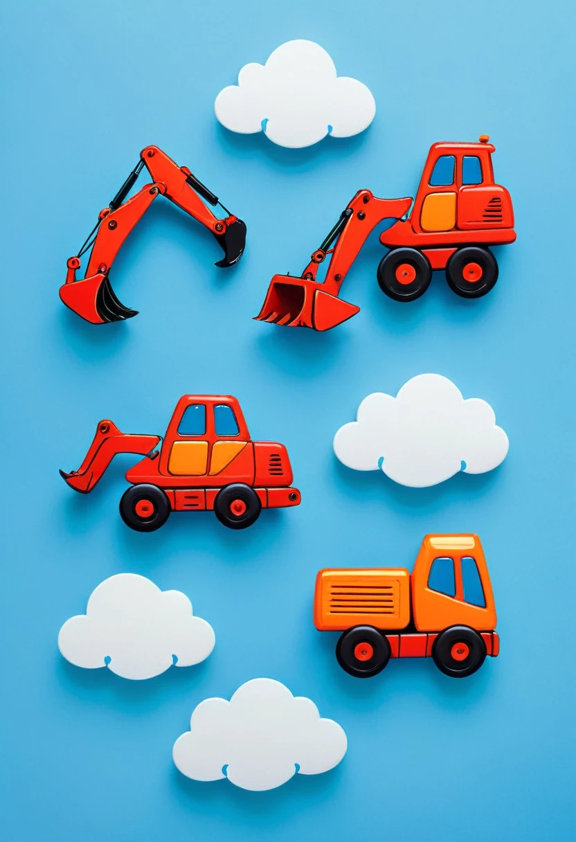  children's hand drawn style ,  red excavator ,  simple round buttons ,  distorted lines ,  orange machine on blue background, cute clouds 