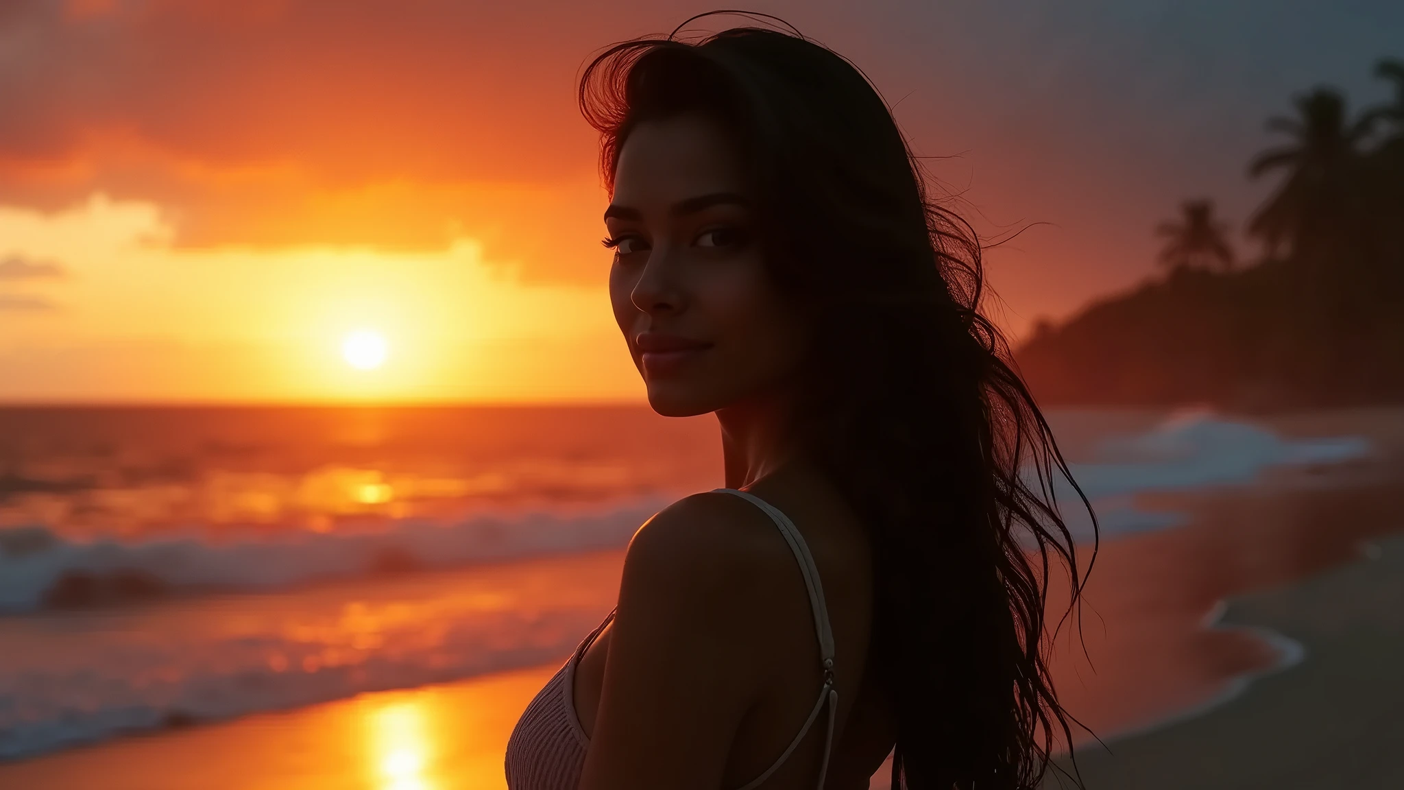mujer latina voluptuosa, cabello negro ondulado y suelto, desnuda, rostro perfecto muy hermosa, reina de concurso de belleza, camina sobre la arena a la orilla del mar, The sun sets on the horizon dyes everything with golden tints, is 22 years old