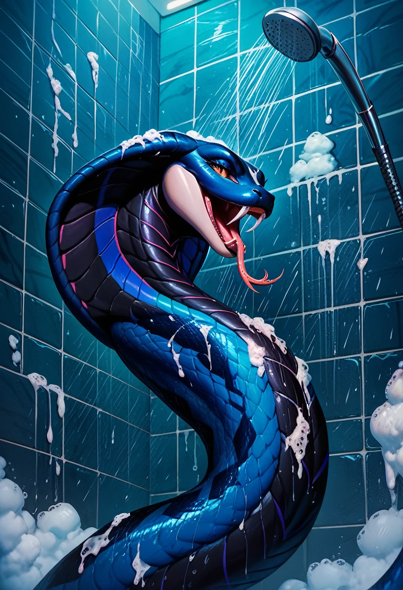Blue snake man、Very huge penis、Abnormally large male genitalia、Abnormally large testicles、Very large scrotum、Milking、Semen is collected、Many jars of white slime、A large container filled with 、Face facing up、Body lying on back、Blue scales all over the body、Snake's head、A composition that captures the whole body、Abnormally developed pectoralis major muscle、abnormally developed abdominal muscles、Very large muscles all over the body、Blue tail、Golden Eyes、Beast-like legs、sharp claws on feet、Lying down pose、Pose with hands on crotch、Top-down composition、Dark Room Background、Thick Tongue、White Breath