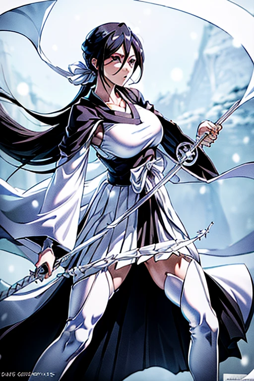 (Best Quality、masterpiece、Super A high resolution,{{{masterpiece}}},{{{Please redeem}}}, (Huge breasts:1.5), (Bent:1.5), (1 mature woman), (Kuchiki Rukia) 【Thousand-Year Blood War Arc】, One mature woman, Alone,Busty,Pure white hair, semi-long、The bangs in the middle extend diagonally downward to the left from the base of the nose。Ears hidden in hair, Strong lower body、Strong legs、whole bodyショット、Voluptuous body、Smell of erotic manga、Mature Woman、Plus size model、Thick thighs、Muscular thighs、Muscular calves、pubic hair、pubic hair、Big nipples、Large areola、豊かなpubic hair、太ったプラスサイズのMature Woman、,Beautiful clavicle、whole body、Open Mouth、White Gauntlet、Pure white medium hair、Distinctive bangs、Light purple eyes、Beautiful belly button、Bold cleavage、Beautiful white skin、White costume、White hakama and kimono、Hair ornament looks like thisIce crystal、(Kuchiki Rukia) 【BLEACH】Low-rise 、(Kuchiki Rukia) 【Captain of the 13th Division of the Gotei 13】 (Kuchiki Rukia) 【Thousand-Year Blood War Arc】Beautiful feet、(Kuchiki Rukia) 【Bankai：White Haze Canon】  ] (Kuchiki Rukia) [Zanpakuto：Snow White]、Eye shadow with professional detail (( white and crystal rosette dress basque waist jumper skirt holding a sword)))、((White and ice rosette dress Basque waist jumper skirt)),Mature Woman,Married Woman,Kuchiki Rukia) 【Bankai：White Haze Canon】  ] (Kuchiki Rukia) [Zanpakuto：Snow White](Kuchiki Rukia) 【BLEACH】【Snow White】Zanpakutoを持っている,【Snow White】Holding a sword,(clear pure white skin)(skin as clear as ice)(beautiful pure white body)(my whole body is frozen)(((Pure white skin of frozen ice and snow)))(Pure white skin of frozen ice and snow)