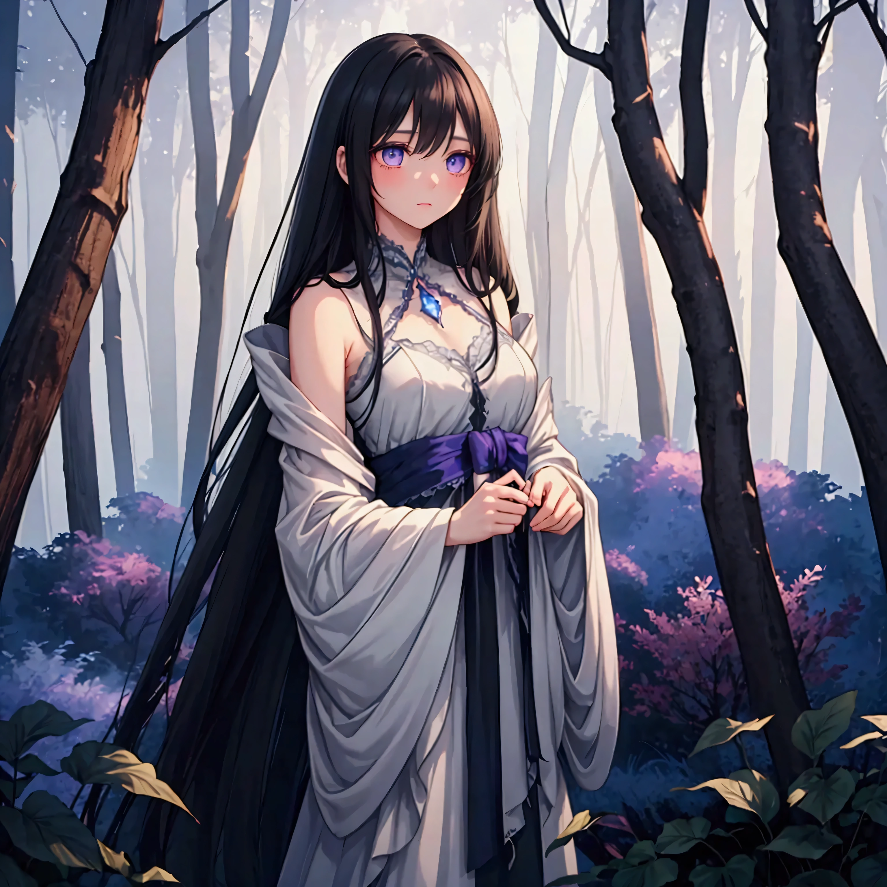 A slender woman with long, flowing black hair, standing at 160 cm tall, weighing 45 kg, with a petite chest. Her eyes are a soft, pale blue, giving her a mysterious and ethereal aura. She is depicted in a dreamlike, surreal setting with ethereal lighting. Her delicate features are finely detailed, and her expression is serene. The scene feels otherworldly, as if she is standing in a misty, enchanted forest under a twilight sky. The colors are soft, blending blues, purples, and silvery tones to enhance the fantastical atmosphere. The image is rendered in ultra-high quality, capturing every fine detail with stunning clarity.